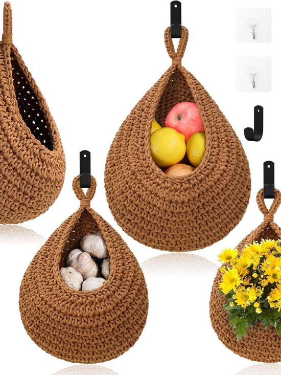 Other - Boho Decor Hanging Fruit Baskets for Kitchen - 3 Pack Wall Hanging Basket with 6